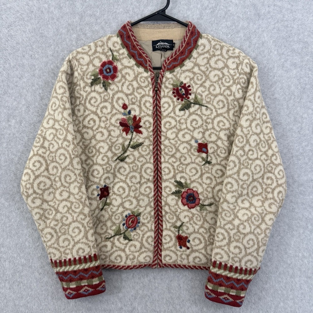 Icelandic Design Sweater Women M Beige Lambswool Zip Up Cardigan Cottagecore